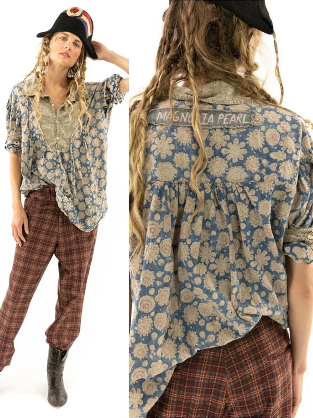 Magnolia Pearl Block Print Tora Shirt 1114 Rourke Oversized Button Neck - Picture 2 of 12